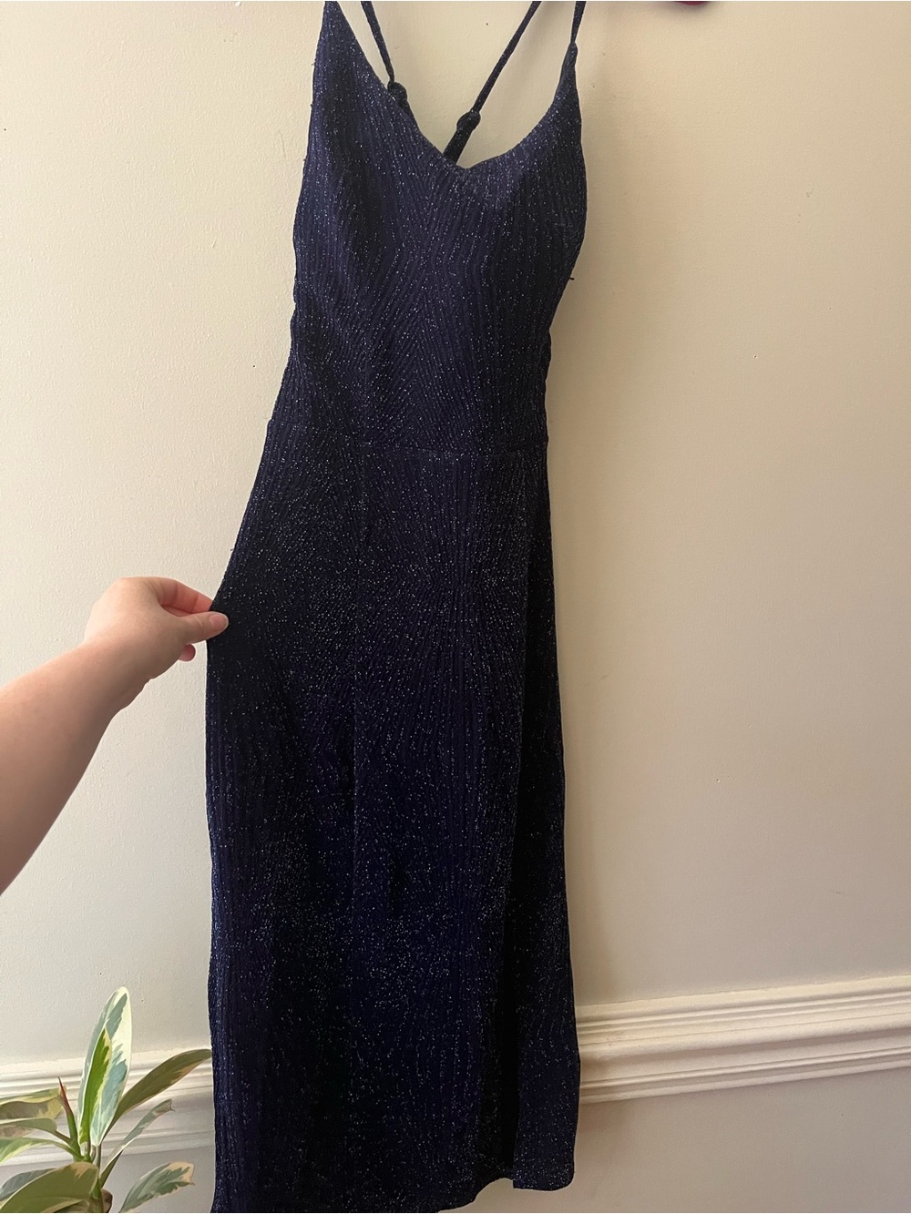 Y2K 2000s Xtraordinary Navy Sparkly Midi strappy Dress size medium fitted